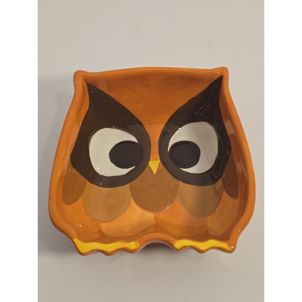 Vintage Boho Owl Trinket Holder‎ Mid Century Orange Brown Yellow 4.5x5 Inch NEW